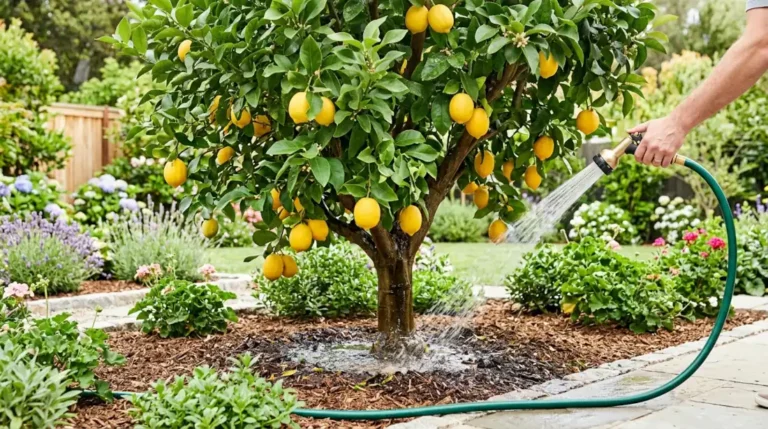 Limonero saludable siendo regado en el jardín, riego profundo