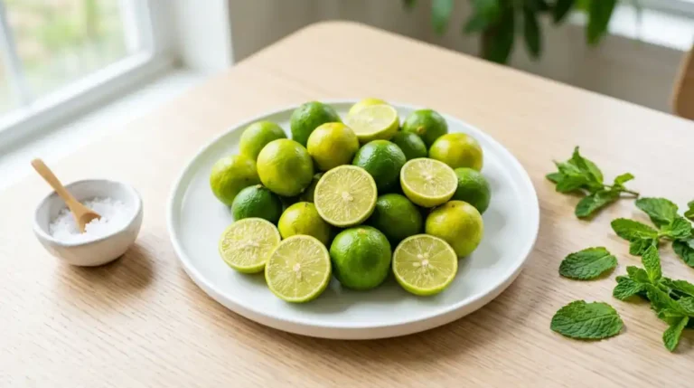 Limones criollos frescos, Citrus aurantifolia, sobre mesa de madera clara
